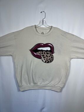 Crewneck Sweater with Leopard Tongue Graphic - Cream